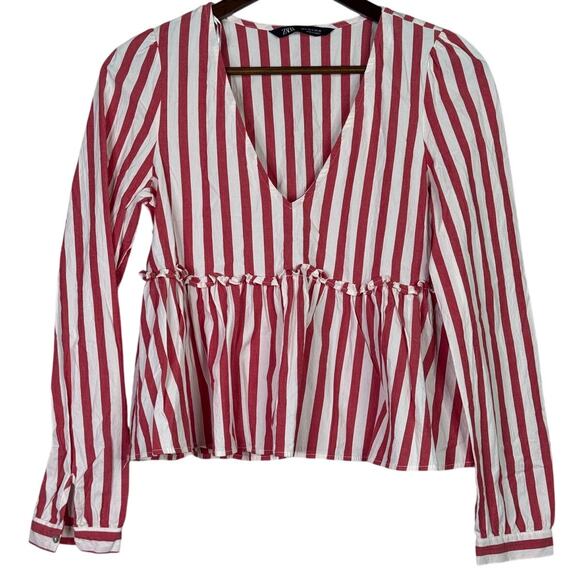 Zara striped Long Sleeve Peplum Fitted Bodice Lightweight Blouse S Red White - Picture 15 of 15